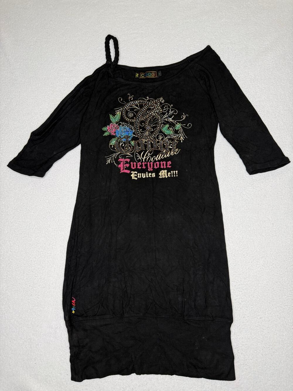 Y2K COOGI Couture Envy Me Rhinestone Off Shoulder Tunic Top Black L